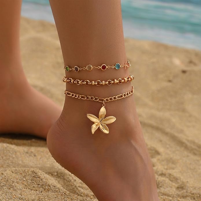Anklet Bracelets for Women Boho Beaded Layered Ankle Bracelets Stack Summer Beach Waterproof Jewelry