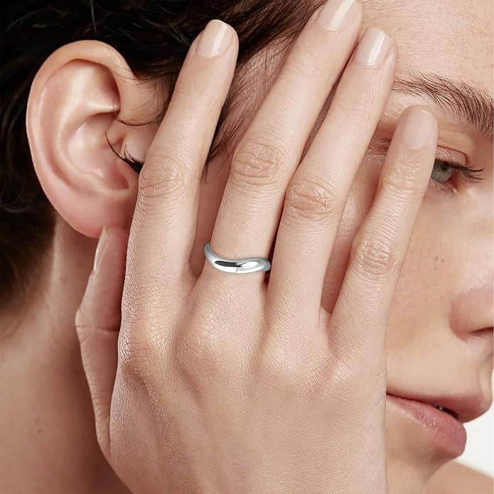 14K White Gold Plated Wedding Bands for Women, 3mm Comfort Fit Dome Polished Plain 925 Sterling Silver Ring, Anniversary Engagement Promise Gift for Her