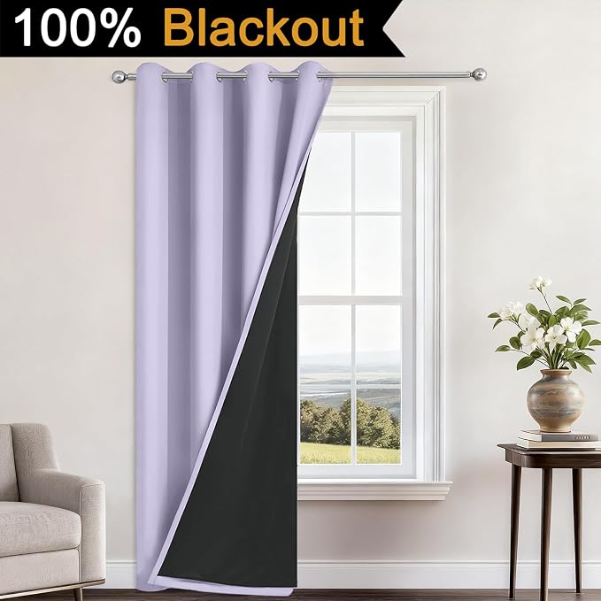 Yakamok Lilac Blackout Curtains 84 Inches Long for Bedroom 52" Wide 1 Panel | Blackout Curtain Panels for Bedroom, 2 Thick Layers Grommet Top Thermal Insulated Drapes with Black Liner for Living Room