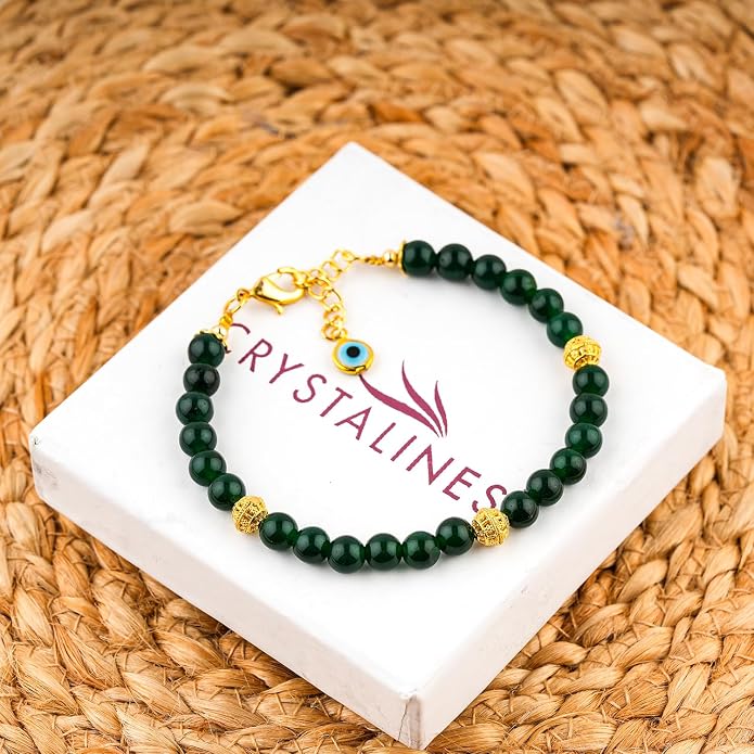 AAA Grade Natural Gemstone Beaded Bracelet, 14K Gold Plated with Evil Charm, Wicca & Reiki Healing Crystals, Handmade Bohemian Jewelry, Christmas Gift for Women (7+1inch)