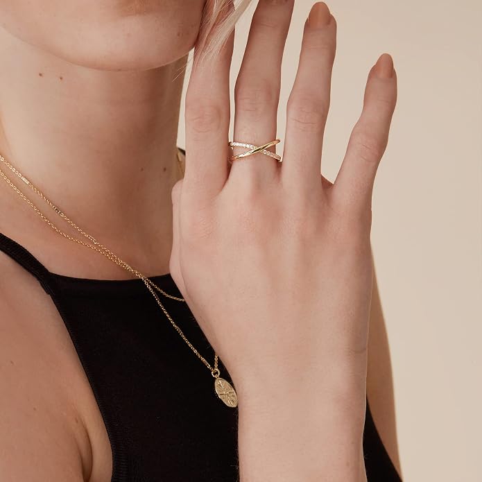 PAVOI 14K Gold Plated X Ring | Simulated Pavé Diamond CZ Criss Cross Ring for Women