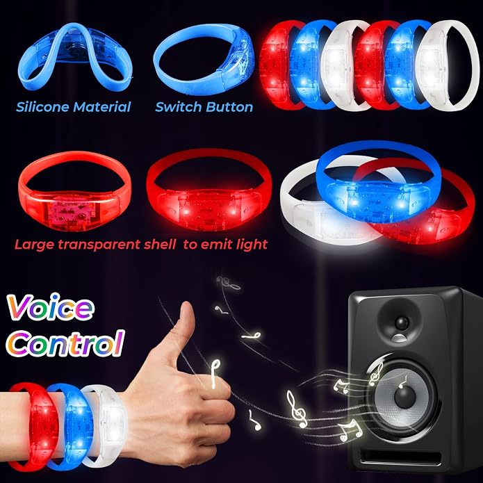 24 Pack Light UP Bracelets Sound Activated Flashing Wristbands Music Control Glow in the Dark Bracelets for Rave Game Prizes Carnival Concerts Night Events Mardi Gras Party Favors