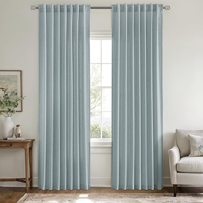 MIULEE Non-See-Through Privacy Linen Curtains 52W x 72L Inch Stone Blue | 2 Panels, Light Filtering, Semi Sheer Window Curtains, Farmhouse Textured, Back Tab Drapes for Bedroom Living Room