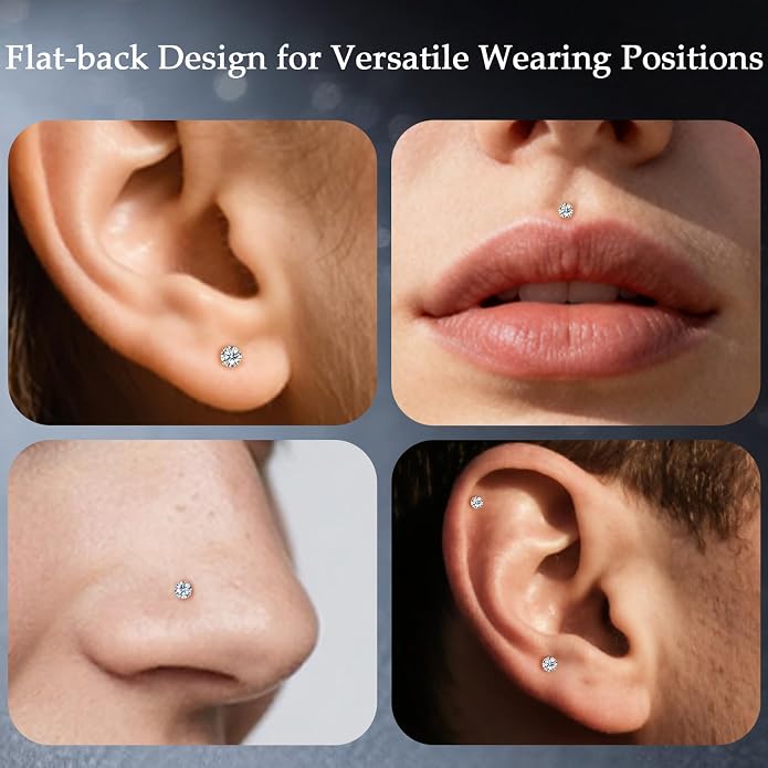 Limerencia Moissanite Internal Thread 18G Titanium Earrings, Hypoallergenic F136 Titanium Flat Back Piercing Studs, VVS1 Lab-created Moissanite Studs for Women Men Tragus Helix Cartilage Conch Labret