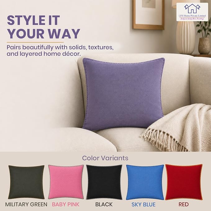 LFH Home Lavender Cotton Rich Throw Pillow Covers 18x18 Set of 4, Decorative Cushion Covers with Blanket Stitch Edge, Farmhouse Accent Pillow Cases for Sofa Couch Bed Living Room, 18 x 18 Inch