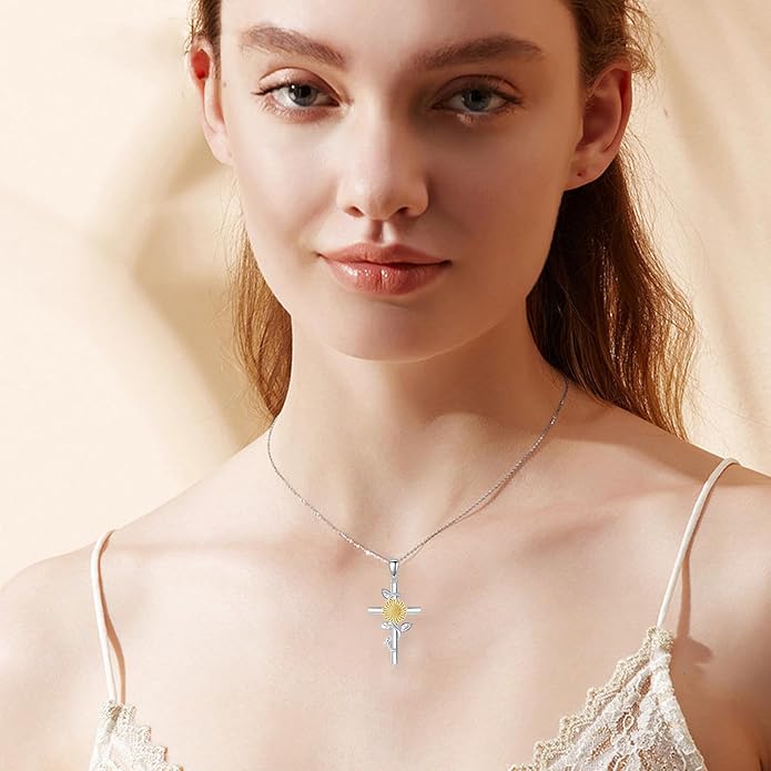 Flower Cross Necklace 925 Sterling Silver Carnation/Rose/Lily/Daisy Cross Necklace Birth Flower Jewelry for Women