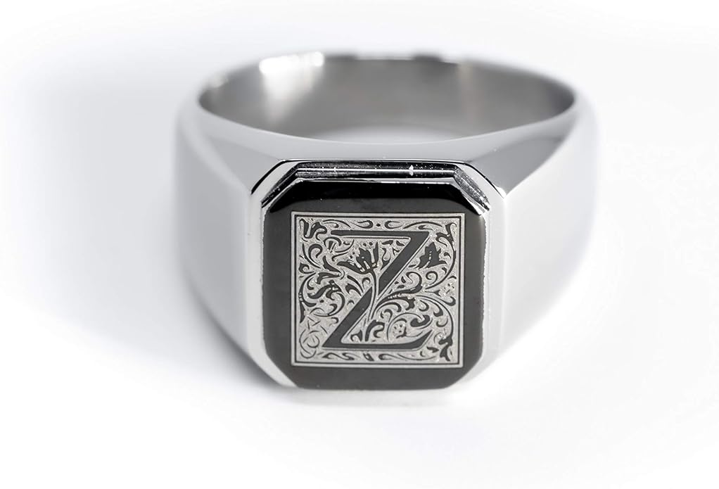 Jewelry | Stainless Steel Letter Alphabet Initial Ring | Square Flat Top Ring for Men & Women | Stainless Steel Jewelry, (Black, Gold, Silver), Size 7-16