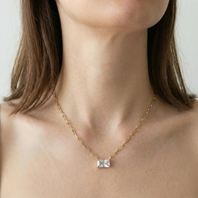 DEPHINI 18k Gold Plated Paperclip Chain Necklace for Women – Stainless Steel Link Chain with Cubic Zirconia Pendant – Hypoallergenic, Waterproof & Adjustable Jewelry Gift for Her (White)