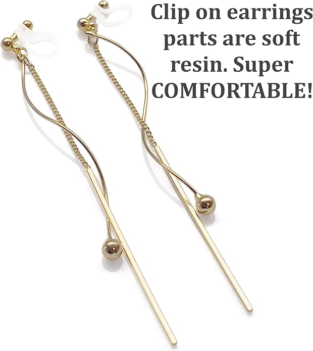 Comfortable Stick Invisible Clip On Earrings Gold Dangle Long Waved Threader Bar Clip-On Non Pierced Earrings Silver For Women,…