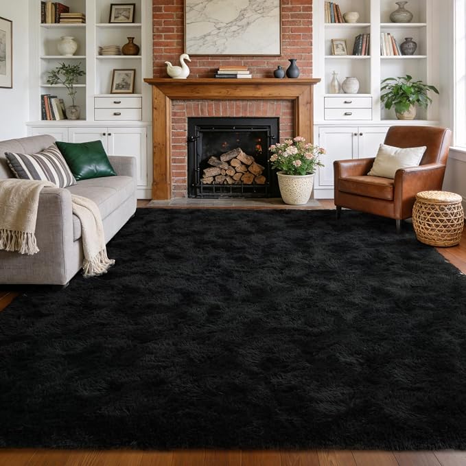 Large Shaggy 6x9 Area Rugs for Living Room Decor, Non-Slip Rugs for Bedroom Kids Playroom Dorm Room, High Pile Ultra Soft Carpet, Black