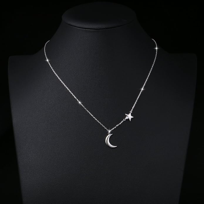 Ladytree 925 Sterling Silver Jewelry Crescent Moon and Star Pendant Necklace