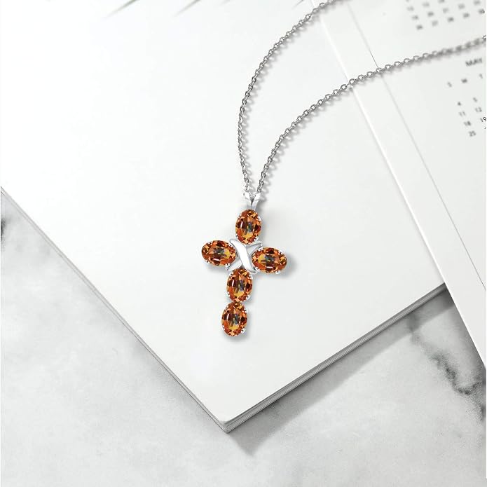 Gem Stone King Cross Pendant Necklace for Women | 925 Sterling Silver | 6X4MM Gemstone Birthstone | Jesus Christian Religious Crucifix Jewelry Gifts | 18 Inch Chain