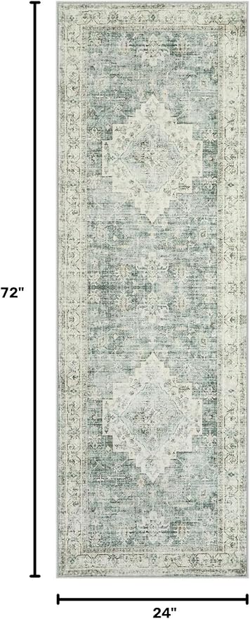 LIVEBOX Washable 2x6 Runner Rug for Bathroom, Non Slip Kitchen Mats for Floor Entryway, Boho Indoor Front Door Mat Low-Pile Runners for Hallways, Farmhouse Rugs for Laundry, Sage Green