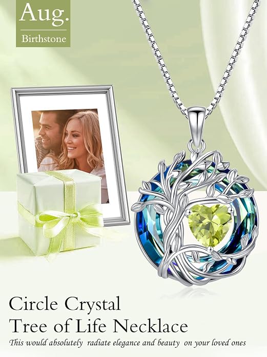 TOUPOP Tree of Life Birthstone Necklace Sterling Silver Pendant Birthstone Necklaces with Blue Crystal Anniversary Birthday Jewelry for Women Mom Wife Her