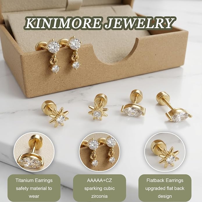 3 Pairs 20G Flat Back Earrings, G23 Titanium Hypoallergenic CZ Studs, 14K Gold Cartilage Helix Tragus Conch Piercing Jewelry for Women