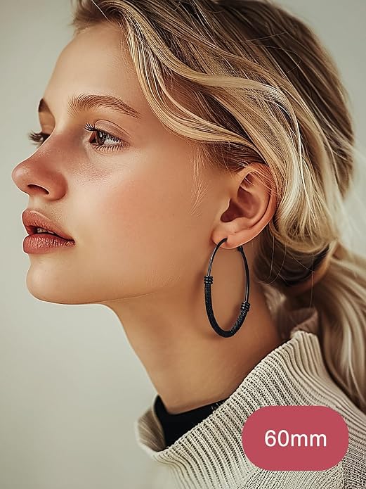 FOCALOOK 14K Gold Plated Hoop Earrings, Lightweight Hypoallergenic Large Stainless Steel Black Hoops Earrings for Women 20/30/40/50/60/70/80mm