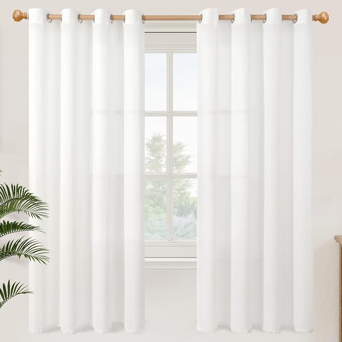 YoungsTex 72 Inch Length White Linen Semi Sheer Curtains for Living Room, Light Filtering Textured Drapes with Grommet Lightweight for Bedroom Dining Room, 2 Panels, 52 X 72 Inch
