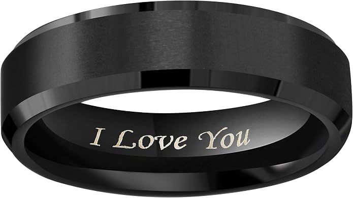 Crownal 4mm 6mm 8mm Black/Silver/Gunmetal/Gold Tungsten Wedding Couple Bands Rings Men Women Matte Brushed Finish Center Engraved "I Love You" Size 4 To 17