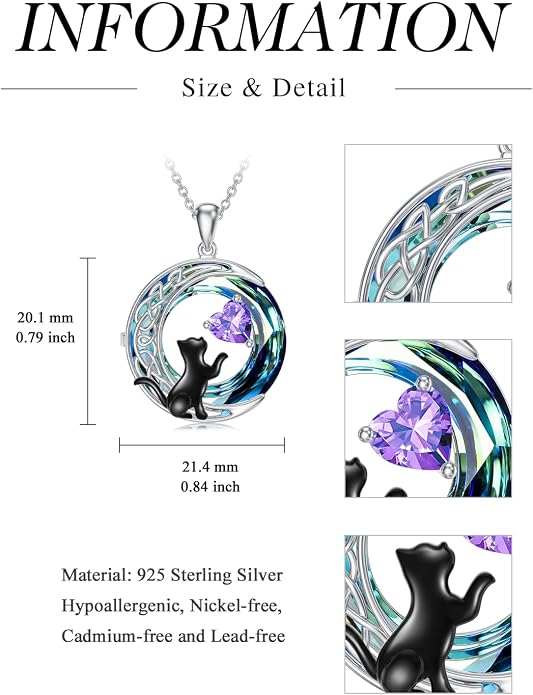 TOUPOP Cat Gifts for Cats Lovers 925 Sterling Silver Black Cat Necklace Celtic Moon Birthstone Jewelry for Women Anniversary Birthday Gift for Her Wife Mom