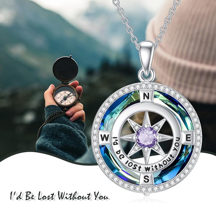 TOUPOP Necklace Gifts for Wife Compass Jewelry Women Anniversary Girlfriend Birthday Gift for Her Valentines I'd be Lost without You Sterling Silver Birthstone Necklaces