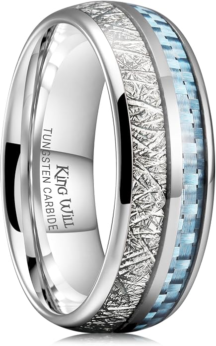 King Will Tungsten Rings for Men Meteorite Carbon Fiber Wood Inlay Mens Wedding Engagement Band Domed Polished