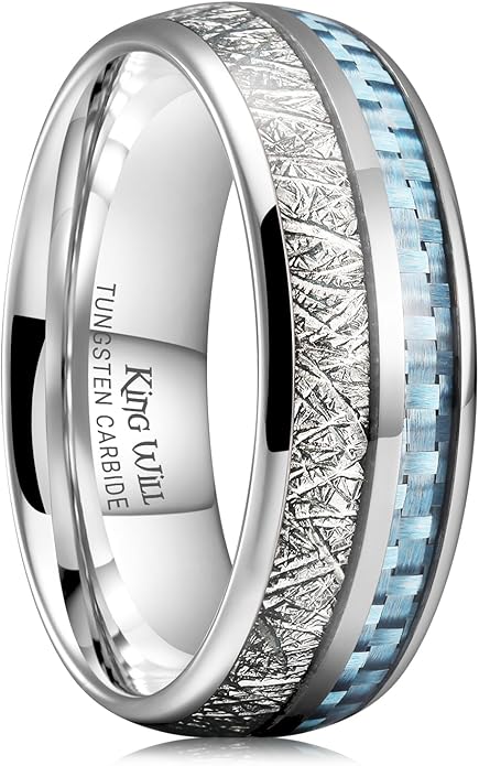 King Will Tungsten Rings for Men Meteorite Carbon Fiber Wood Inlay Mens Wedding Engagement Band Domed Polished