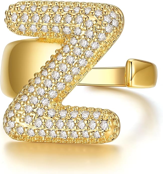 KeyStyle Bold Initial Letter Rings Adjustable, GoldChic Jewelry Women Gold Statement Ring Personalized Engraved Women’s Open Signet Ring for Party (Gold, White Gold, Black)