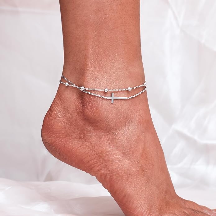 CHIC & ARTSY 925 Sterling Silver Ankle Bracelets for Women, Adjustable Layered Foot Chains with Nature & Symbol Charms, Lightweight Comfort Fit Boho Beach Everyday Jewelry