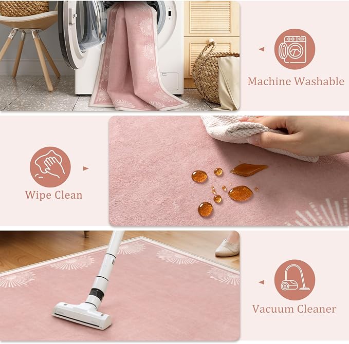 Hedlive Modern Pink 8x10 Rug for Living Room,Ultra Thin Washable Bedroom Rug 8x10 Under Bed, Non Slip Sun Print Large Rugs, Non Shedding Throw Carpet for Girls Room Nursery Dorm(8'x10',Pink)