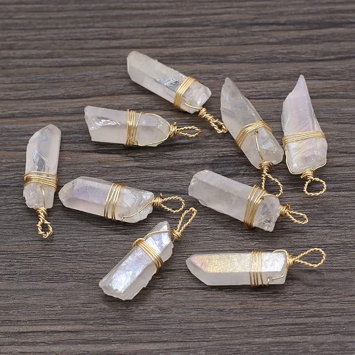 LHJ 7 Pcs Natural White Crystal Stone Pendants Original Raw Irregular Clear Quartz Copper Wire Wrapped Healing Stone Charms for Necklace Bracelet Jewelry Making Yoga Meditation