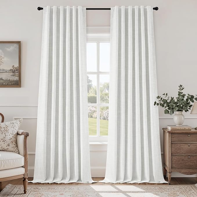 HOMEIDEAS 100% Blackout Faux Linen Curtains,Ivory White Modern Farmhouse Boho Curtains 84 Inches Long 2 Panels, Rod Pocket & Back Tab for Vintage Living Room,Bedroom Decor