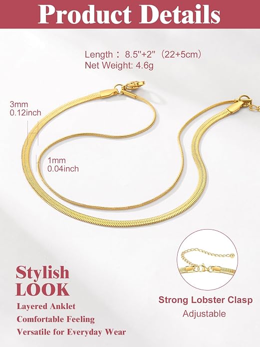 FOCALOOK 14K Gold Plated Anklets for Women Waterproof Plus Size Ankle Bracelet 8.5-10.5 Inch Adjustable Mariner/Figaro/Flat Snake/Cuban Link Chain Anklet Jewelry for Summer Beach Holiday