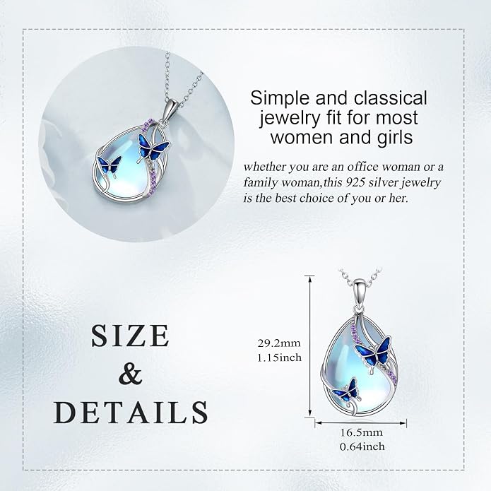 KQF Dragonfly/Butterlfy/Cat/Jellyfish/Bunny/Axolotl/Bee/Mermaid/Hummingbird/Elephant Necklace for Women Sterling Silver Moonstone Pendant Necklace Dragonfly Jewelry Gifts for Women