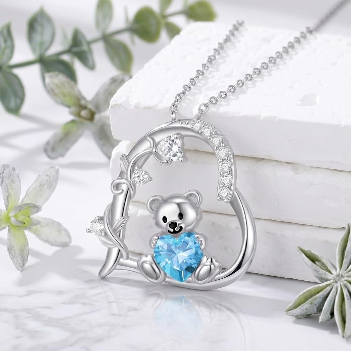 PELOVNY Teddy Bear Necklace for Women 925 Sterling Silver Bear/Highland Cow/Fox/Cat/Axolotl Birthstone Necklace Christmas Birthday Jewelry Gifts for Mom Daughter Wife Sister