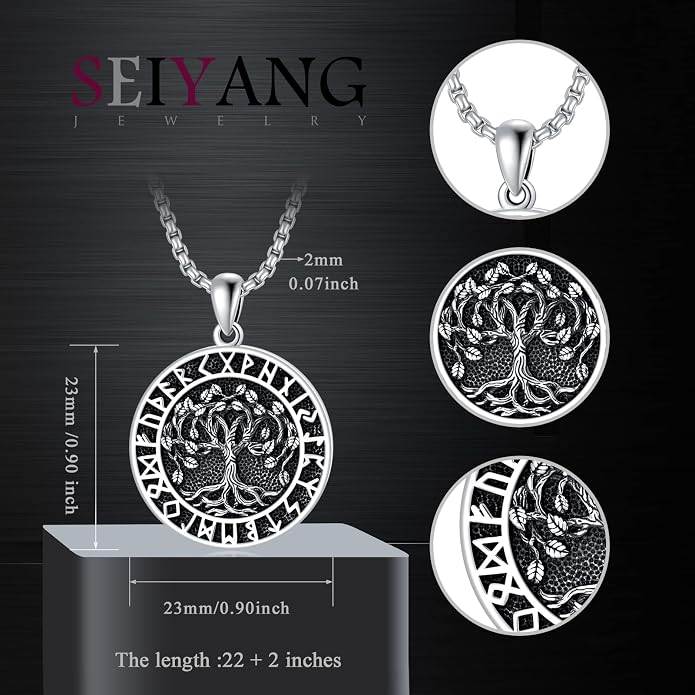 Seiyang Sterling Silver Viking Necklace Norse Jewelry Gift for Men Women with 2mm 22+2 IN Rolo Chain (with Gift Box)