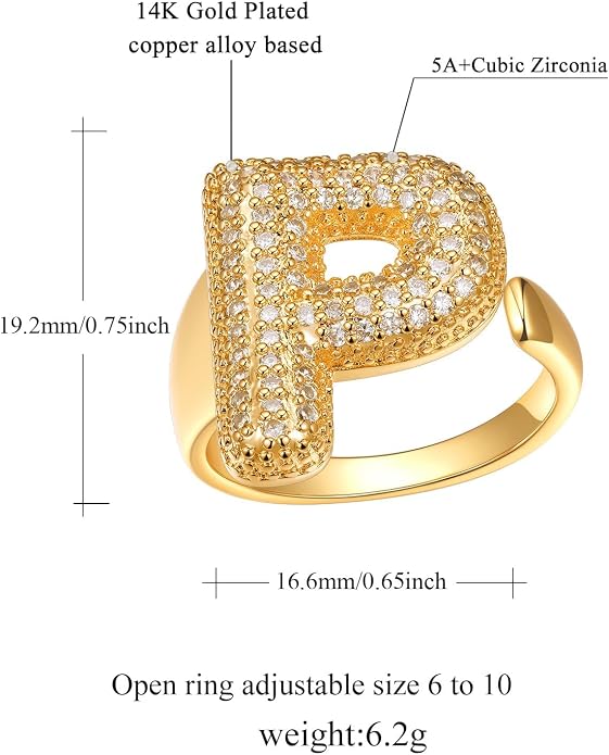 FindChic Initial Ring for Women, Gold Plated Chunky Letter Rings Open Adjustable Trendy Sparkling Cubic Zirconia Personalized Statement Rings Jewelry Gift