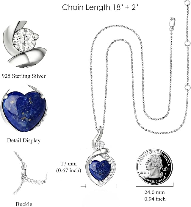 Heart Necklace 925 Sterling Silver Created Moonstone/Turquoise/Lapis Lazuli/Opal Heart Necklace Pendant Necklace Jewelry Gifts for Women