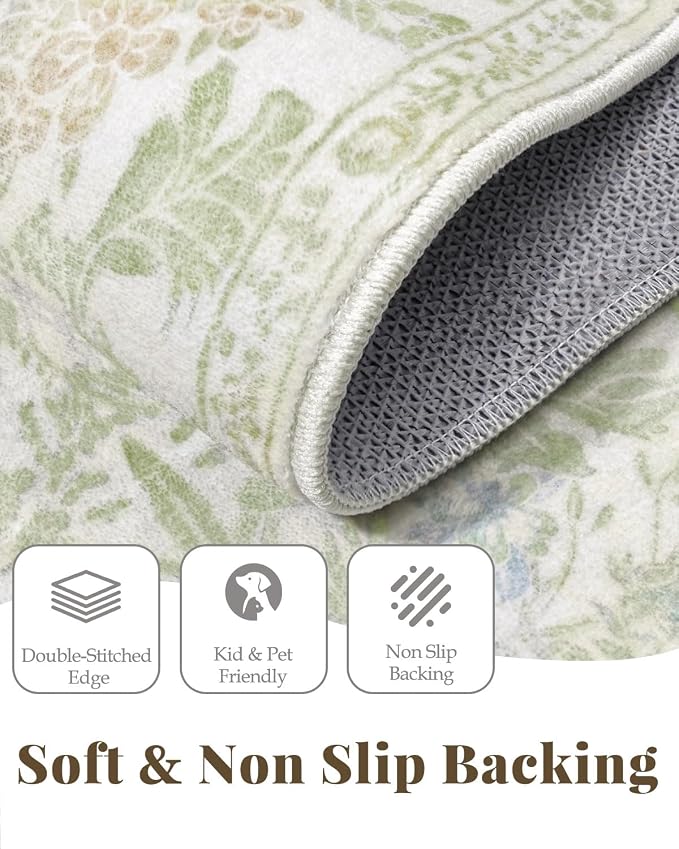 Lunasun Sage Green Long Bedroom Bedside Runner Rugs, 2x6 Non Slip Boho Floral Throw Rug for Kitchen, Hallway, Indoor Entrance, Foyer, Bathroom - Farmhouse Thin Front Door Low Pile Mat
