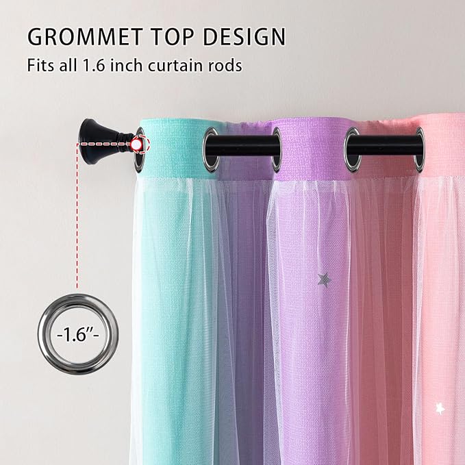 XiDi Blackout Curtains for Girls Bedroom Kids Room Unicorn Wall Decor | Ombre Curtain Princess Theme Home Decor 72 inches Length Colorful Rainbow Design 52 Wide 2 Panel Sets Pink/Purple/Green