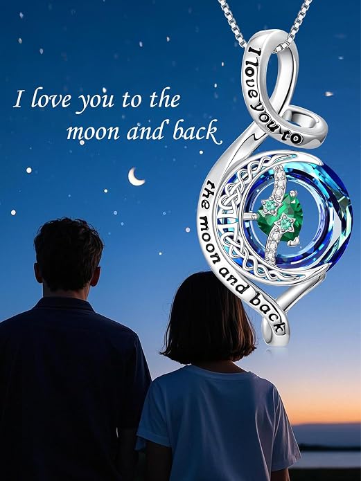 OCJ Birthstone Necklace for Women 925 Sterling Silver Moon and Star Pendant Infinity Celtic Moon Crystal Jewelry Anniversary Birthday Christmas Gift for Her Wife Girlfriend Mom Daughter