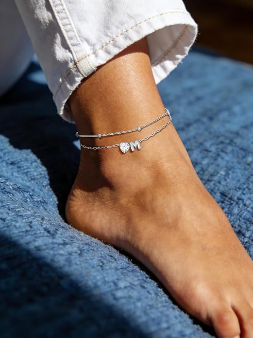 Bestyle Initial Anklet Bracelets for Women Waterproof Non Tarnish 14K Gold/White Gold Plated CZ Anklets for Women Dainty Layered Letter Heart Ankle Bracelets Adjustable Foot Chain Anklet