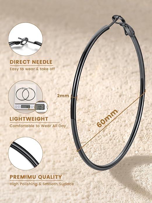 KeyStyle Gold Hoop Earrings for Women, Stainless Steel Hoops Earring Lightweight Loops, 2 mm Thick Hypoallergenic Circle Endless Thin Hoop (20/30/40/50/60/70/80/90/mm)