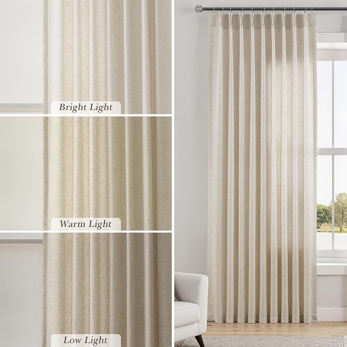 Linen Warm Beige Pinch Pleated Curtains 102 Inches Long for Living Room Sheer Privacy Rod Pocket Window Drapes 2 Panels Set for Dining Room Bedroom Natural Modern Boho Curtain, 40 Inch x 102 Inch