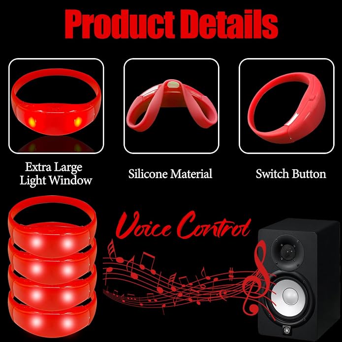 24 Pcs Sound Activated LED Glow Bracelets Light Up Bracelets for Adults Glow in the Dark Bracelets Neon Supplies for Concert