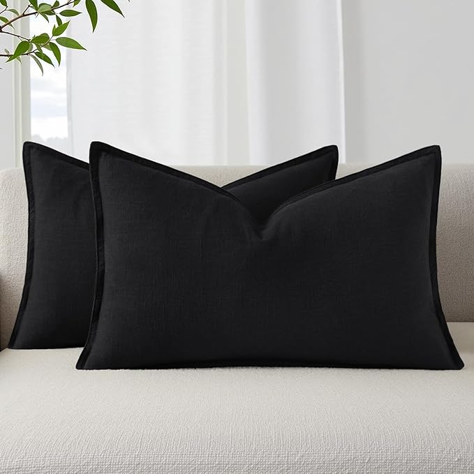 decorUhome Fall Black Linen Throw Pillow Covers 12x20 Set of 2 | Decorative Soft Cozy Modern Farmhouse Boho Accent Pillow Cases with Flange Edges for Couch Bed Sofa Living Room Home Decor