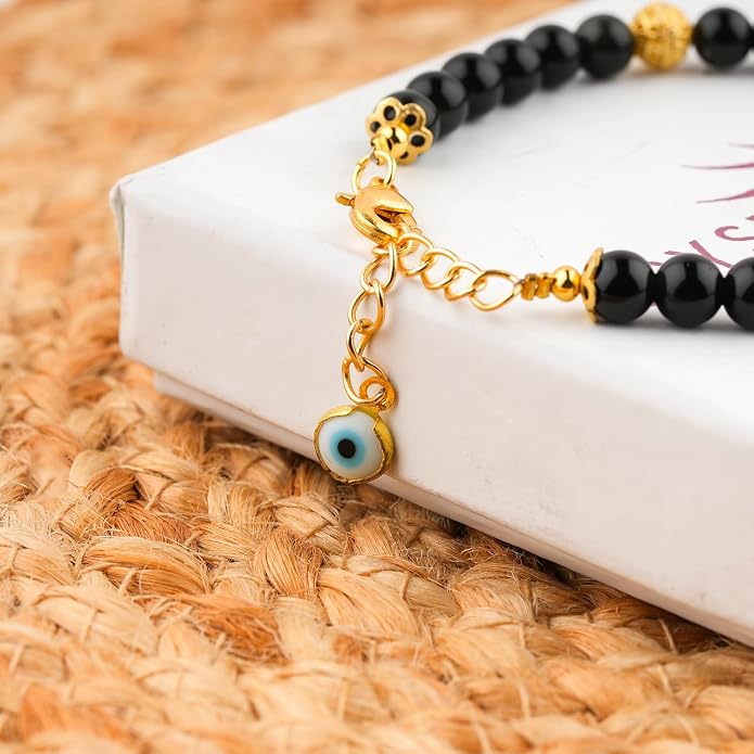 AAA Grade Natural Gemstone Beaded Bracelet, 14K Gold Plated with Evil Charm, Wicca & Reiki Healing Crystals, Handmade Bohemian Jewelry, Christmas Gift for Women (7+1inch)