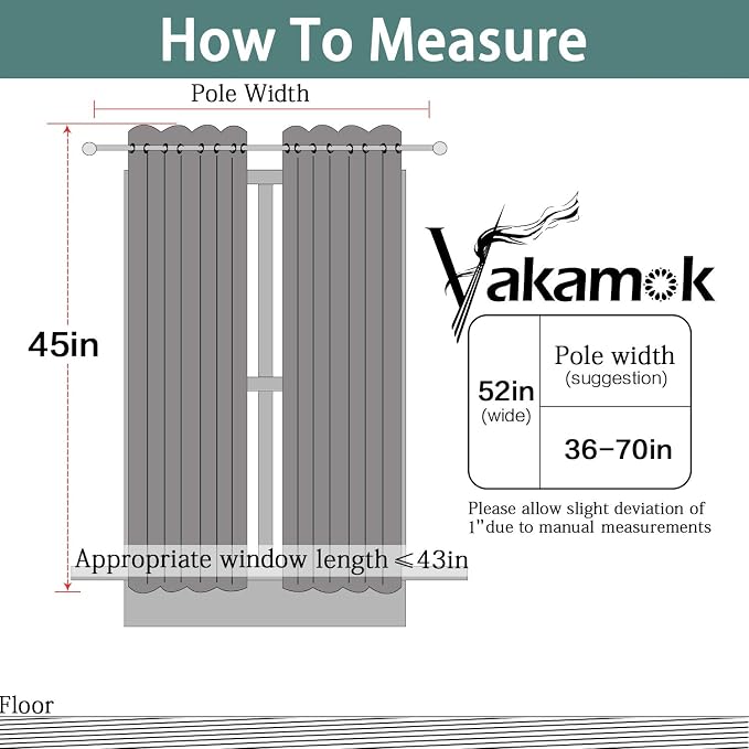 Yakamok Grey Blackout Curtains 45 Inches Long for Bedroom 52" Wide 2 Pcs | Blackout Curtain Panels for Bedroom, 2 Thick Layers Grommet Top Thermal Insulated Drapes with Black Liner for Living Room