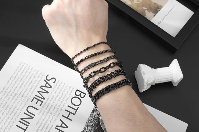 XIANNVXI 6pcs Bracelets for Men Gifts for Him Stainless Steel Bracelet Silver/Gold/Black Cuban Link Rope Paperclip Chain Bracelets Set 6.5/7/7.5/8.3/9 Inches Metal Bracelet Mens Fashion Accessories Jewelry Gifts Set