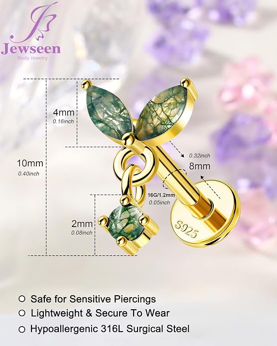 Jewseen Celtic knot&Butterfly Moss Agate Stud Earrings Dangle Internal Threaded Flat Back 16g 8mm Hypoallergenic 925 Sterling Silver Piercing Jewelry for Cartilage Lip Conch Tragus Helix