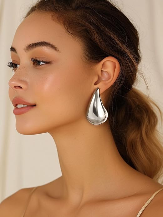 KeyStyle Chunky Gold Hoop Earrings for Women Trendy, Stainless Steel TearDrop Hoops Earring, Lightweight Water Drop Ear Jewerly